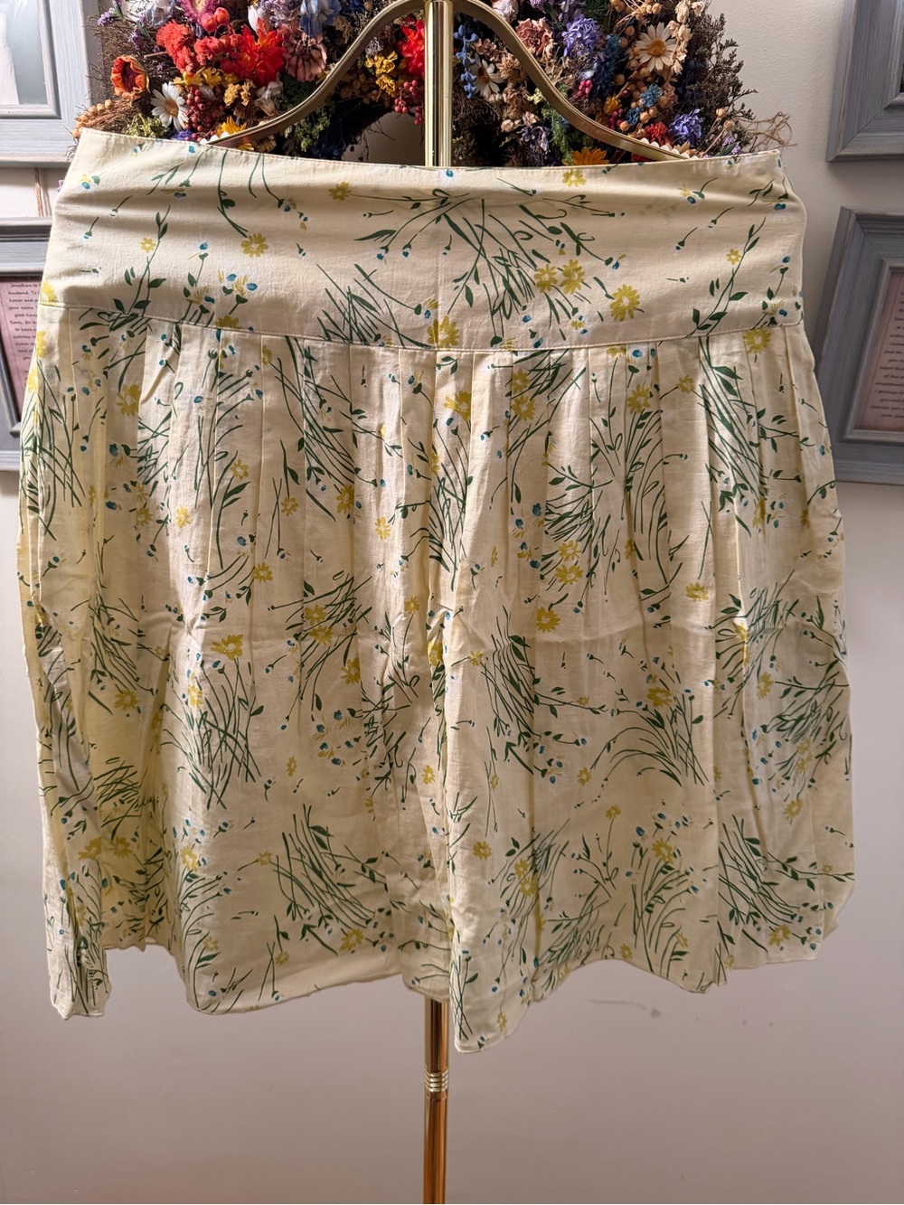 Twenty one Cream Floral A-Line Skirt with Green & Yellow Print